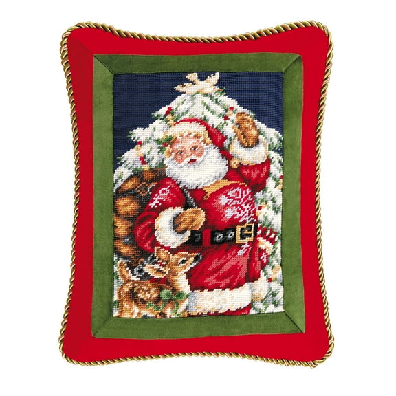 Santa With Deer Needlepoint Pillow, 14" x 14"