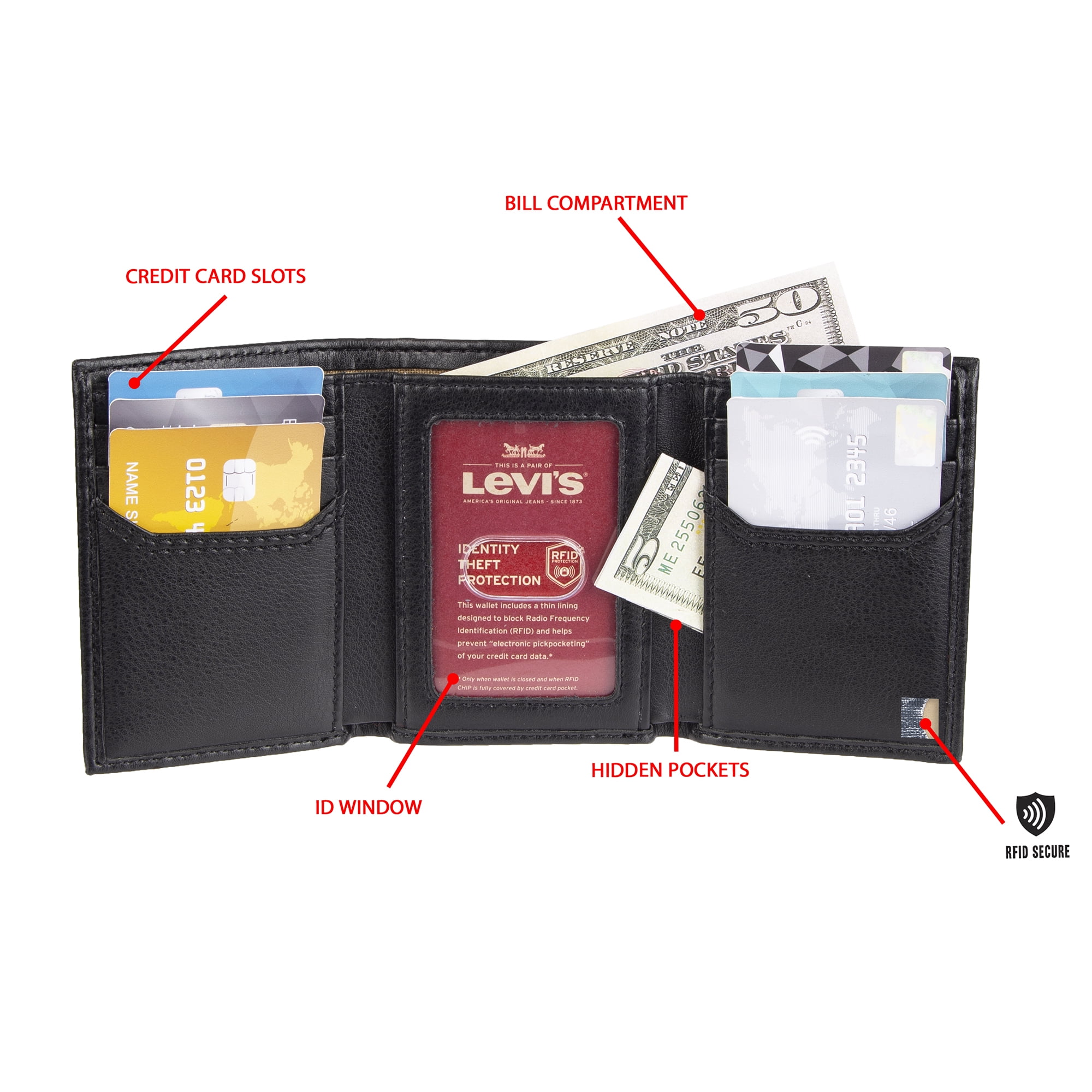 Levi's Men's RFID Everyday Essential Trifold Wallet, Black