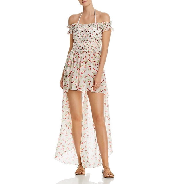 Alex Printed Off-the-shoulder Maxi Swim Cover-up In Cherry, Red/White, X-Small