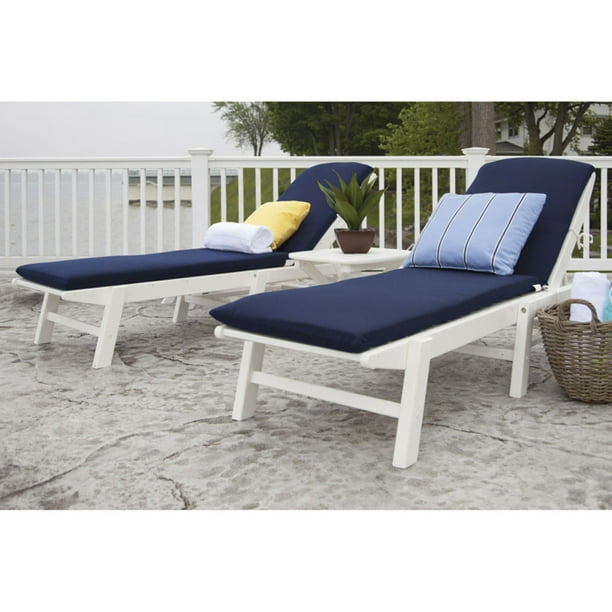 POLYWOOD® Nautical Stackable White Wheeled Chaise with Navy Cushions