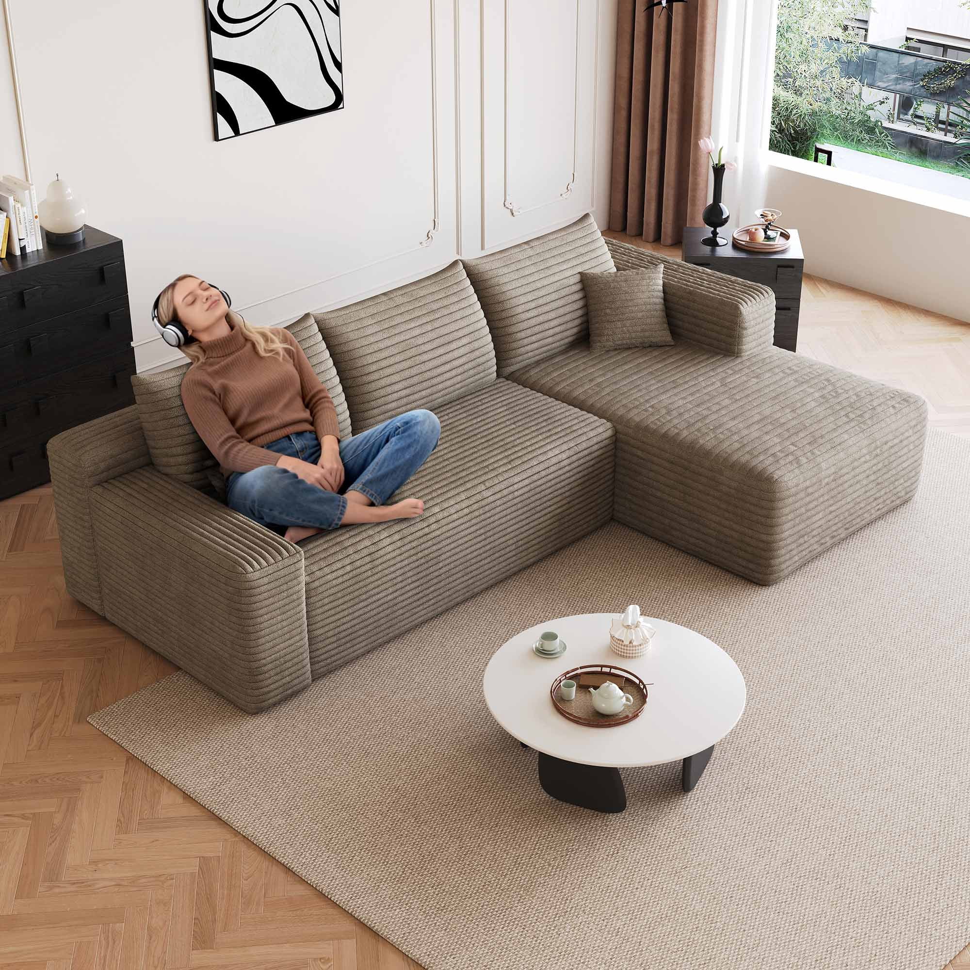 Lunale 95" L-Shaped Modular Sectional Sofa, No Assembly Required, Boneless Corduroy Cloud Couch for Living Room, Camel(Right Facing Chaise)