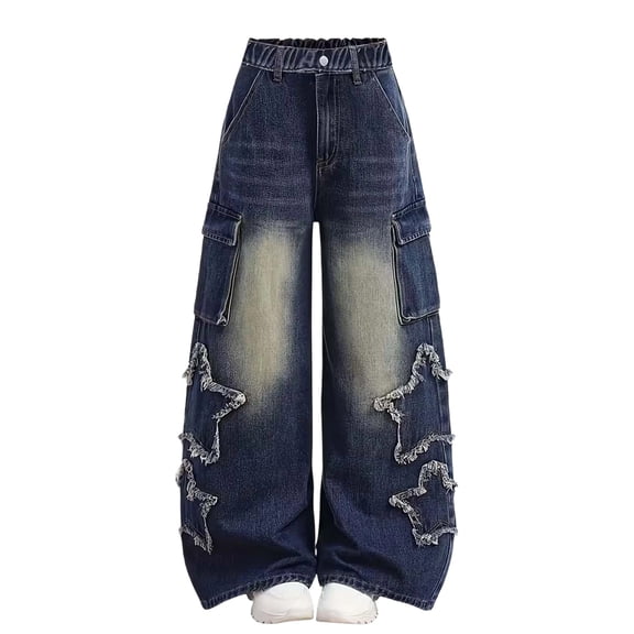 Gytharion Kids Jeans for Girls 5-15 Years, Teen Girls Cute Star Decoration Elastic Waist Jeans Lightweight Baggy Wide Leg Denim Pants with Pockets