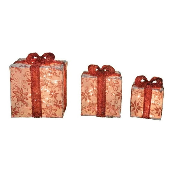 Lighted Burlap Floral Christmas Gift Boxes Presents Outdoor Christmas Decoration Set of 3