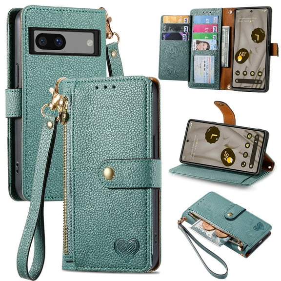 Feishell for Google Pixel 8 Pro Case,RFID Blocking Wallet Case for Women Men,Premium PU Leather Credit Card Holder Zipper Pocket Magnetic Buckle Flip Kickstand Phone Case with Wrist Strap, Green