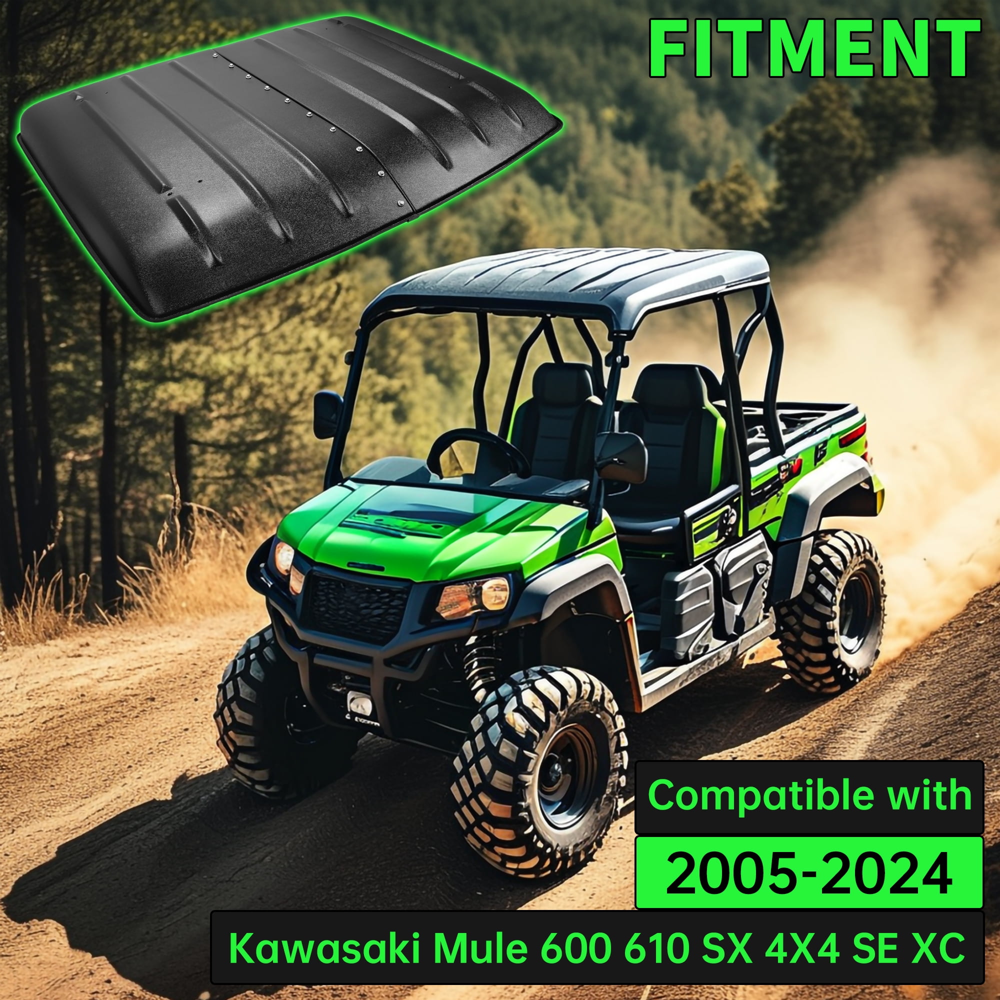 Kojem Hard Roof Top Fit for 2005-2023 Kawasaki Mule 600 610 SX 4X4 UTV Black Plastic KAF600-005B