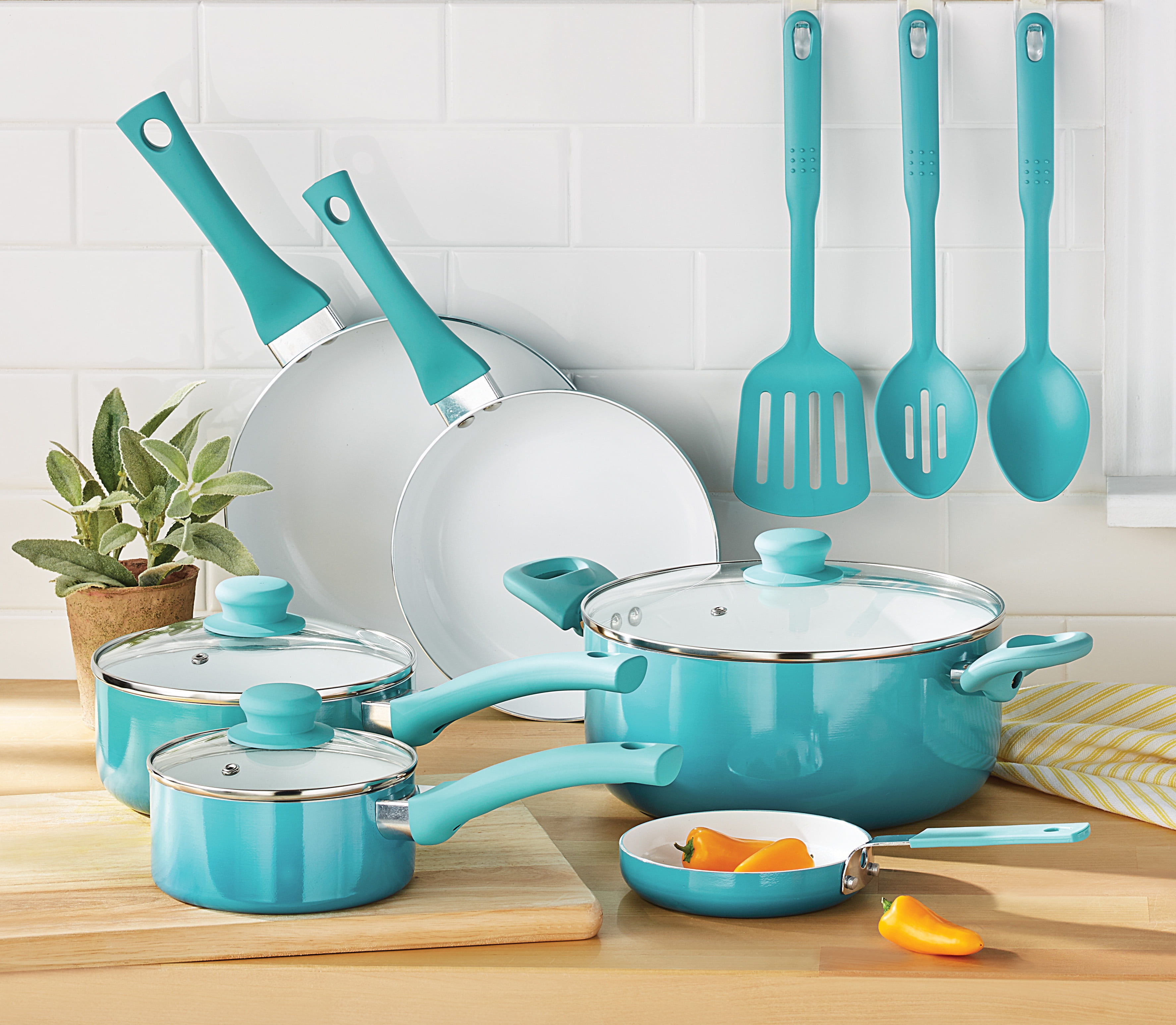 12-Piece Ceramic Cookware Set Nonstick Pots Pans Kitchen Tools Red Ombre Teal 