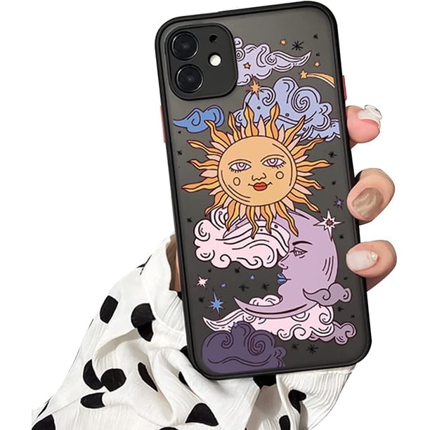 Funda compatible con iPhone 11 (transparente esmerilada PC trasera 3D sol luna dibujos animados niñas mujer y suave TPU parachoques silicona delgada) para iPhone 11-púrpura