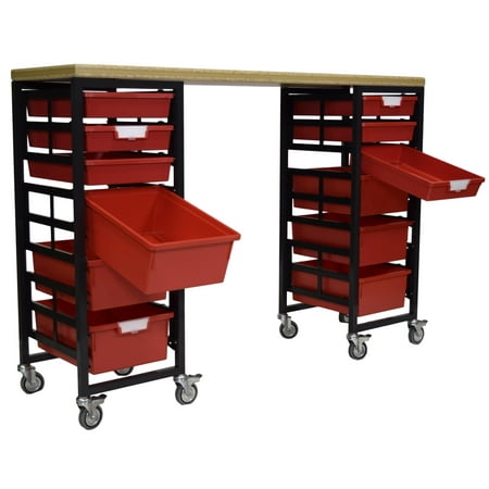 

Mobile Workbench Storage Station w/Wood Top -12 StorSystem Trays-Red