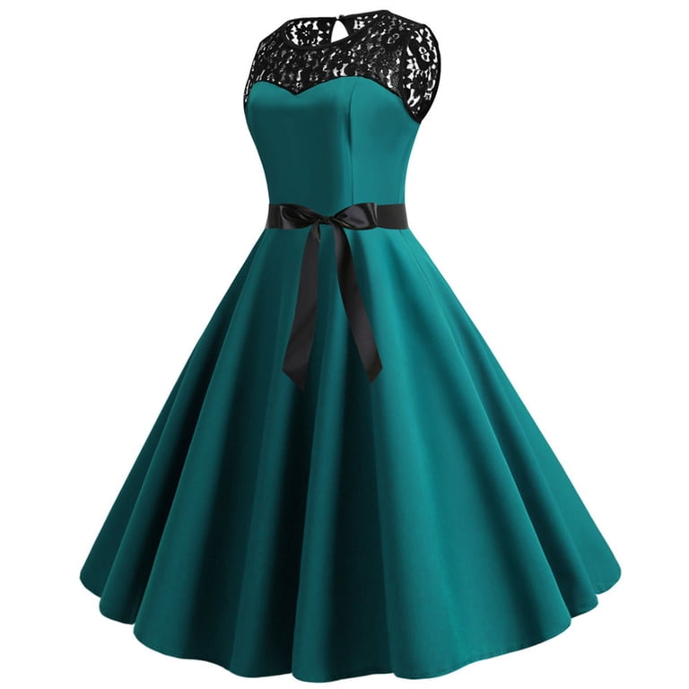 Gaecuw 1940s Dresses for Women Vintage Crew Neck Sleeveless Retro Dresses  Knee Length Midi Dresses A Line Party Dress Lace Linen Dress Casual Semi Formal  Dress Solid Prom Dresses Wedding Guest Dresses -