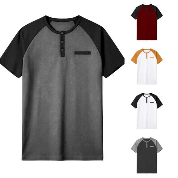 JAJAHO Mens Henley Shirts Color Block Raglan Short Sleeve Retro T Shirt Summer Lightweight Daily Wear Trendy Tops