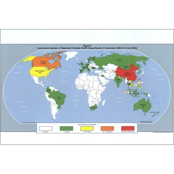 24"x36" Gallery Poster, cia map of SARS cases deaths Nov 2002 - July 2003