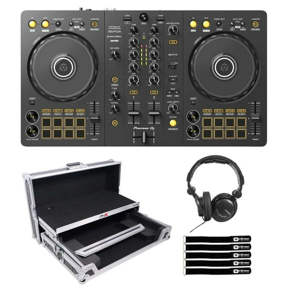 Pioneer DDJ-FLX4 2-Channel Rekordbox & Serato DJ Lite Controller with Road Case & DJ Headphones Package