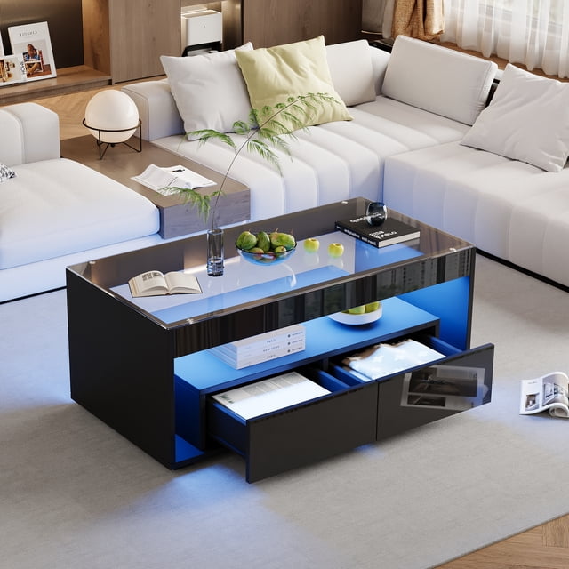 Noble House High Gloss Coffee Table,Open Storage with LED Lights & Glass Top,Black