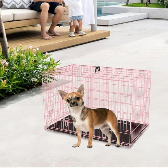 24 Inch Dog Crate with Double Door, Foldable Metal Wire Cage for Small Dogs, Removable Tray & Divider, Pink