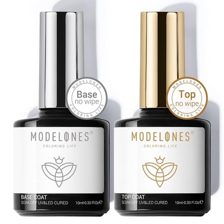 modelones Gel Top Coat and Base Coat Set 2 Pcs Gel Nail Polish No Wipe Gel Base and Top Coat Clear Top Coat Nail Lamp Need Long Lasting Shiny 10 ml Gifts for Women