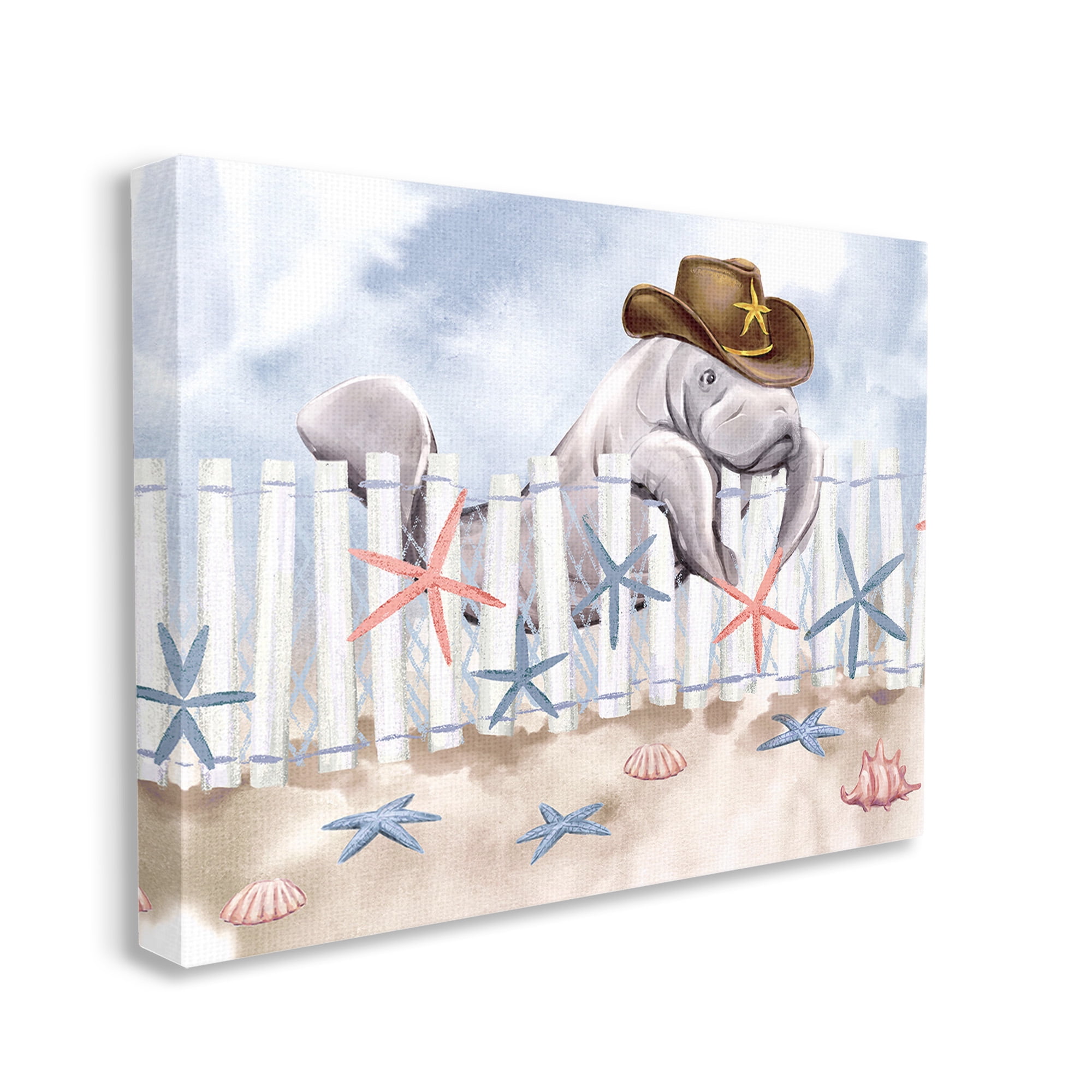 Stupell Industries Manatee in Cowboy Hat Animals & Insects Painting Gallery Wrapped Canvas Art Print Wall Art, 48 x 36