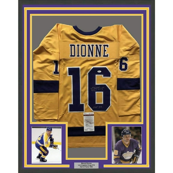 Framed Autographed/Signed Marcel Dionne HOF 92 35x39 Los Angeles LA Yellow Hockey Jersey JSA COA