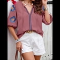 thumbnail image 4 of Blusas de Verano para Mujer, Blusas Florales Bordadas con Mangas Abullonadas, Cuello en V, Estilo Bohemio, Informal Rosa L, 4 of 7