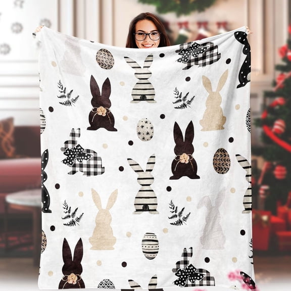 Easter Bunny & Floral Throw Blanket Soft Warm Lightweight Flannel with Adorable Rabbit & Egg Patterns in Black White Brown & Beige