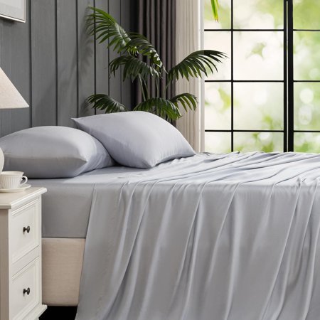 Light Grey 100% Viscose Derived from Bamboo Sheet Set Queen Size, 4 Pieces Cooling Silky Bed Sheets for Hot Sleeper, Luxury Hotel Soft Deep Pocket Fitted Bedsheets