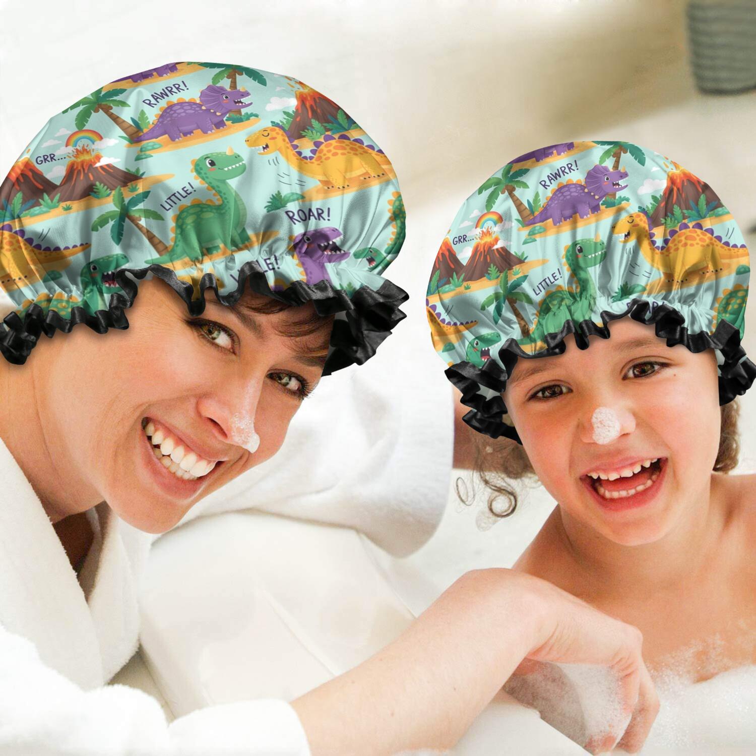 Shower Caps,LightBlue Cartoon Dinosaurs Volcanoes Pattern Waterproof Shower Cap for Women 4 Pieces,Double Reusable Hair Cover for Shower PEVA Elastic Stretch Hem