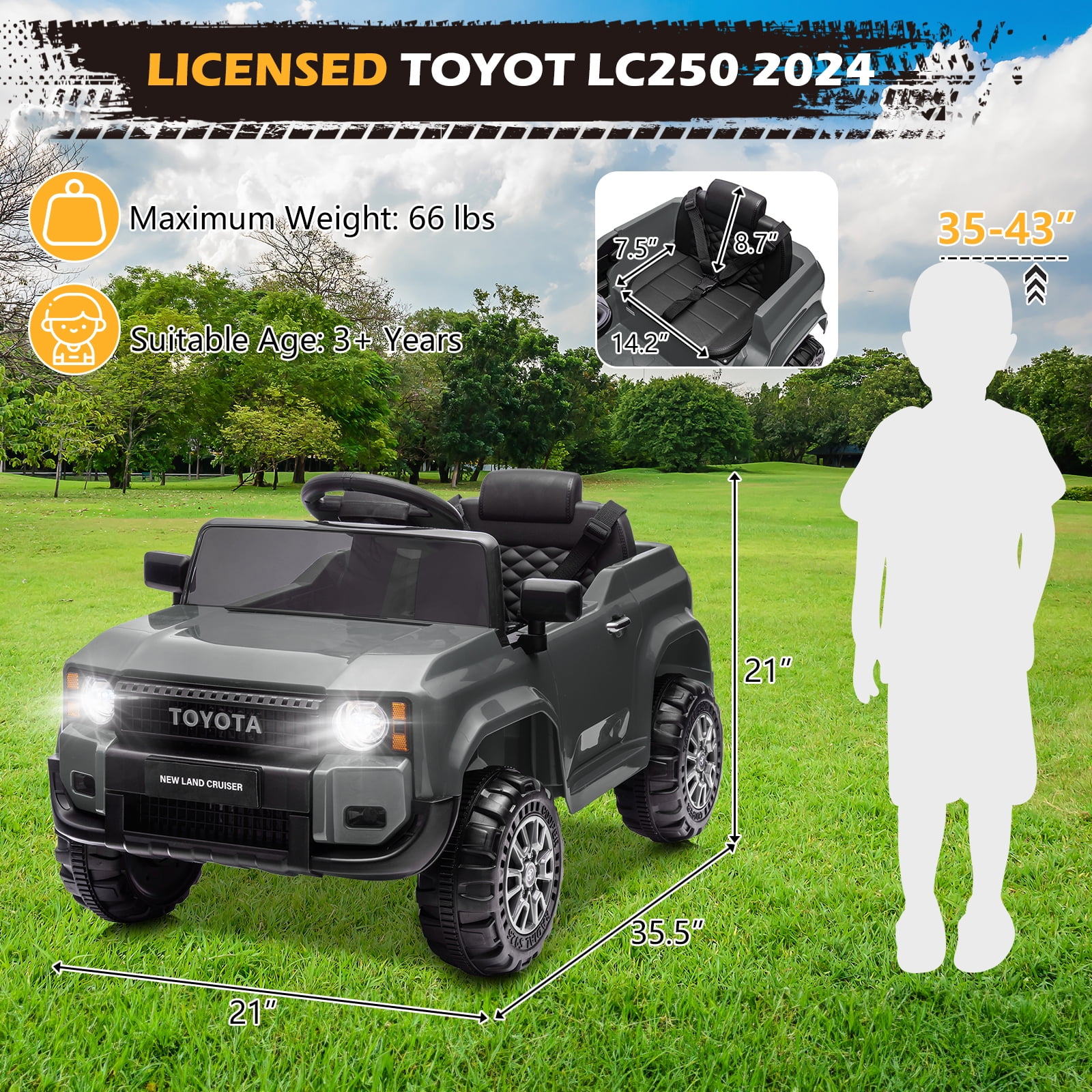 UBesGoo 12V Ride On Car Toys, Licensed Toyota Kids Powered Electric Car with Remote Control for Girls Boys, Gray