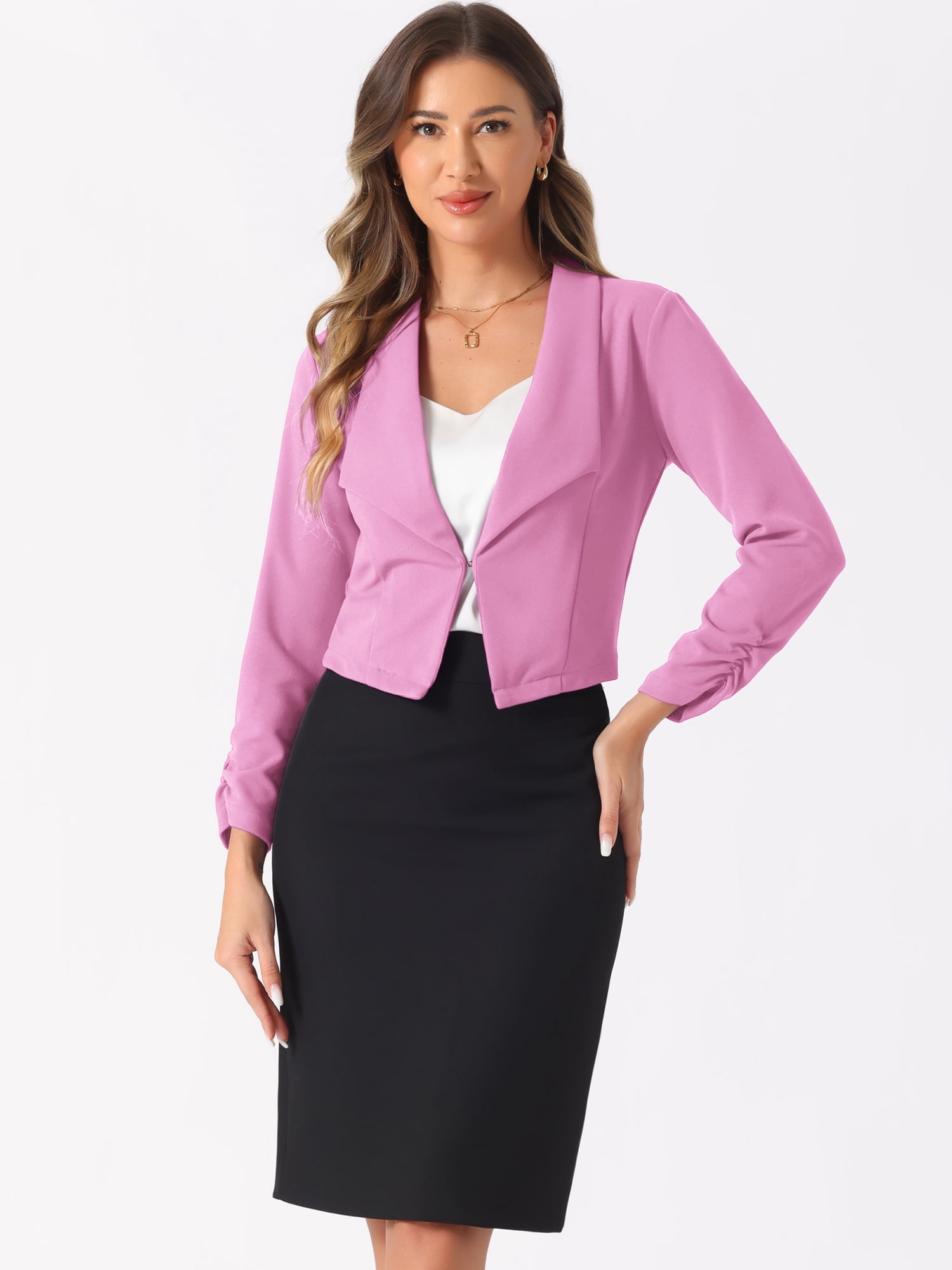 DARING DIVA Women's Notched Lapel Ruched Sleeve Crop Blazer S Rose Pink