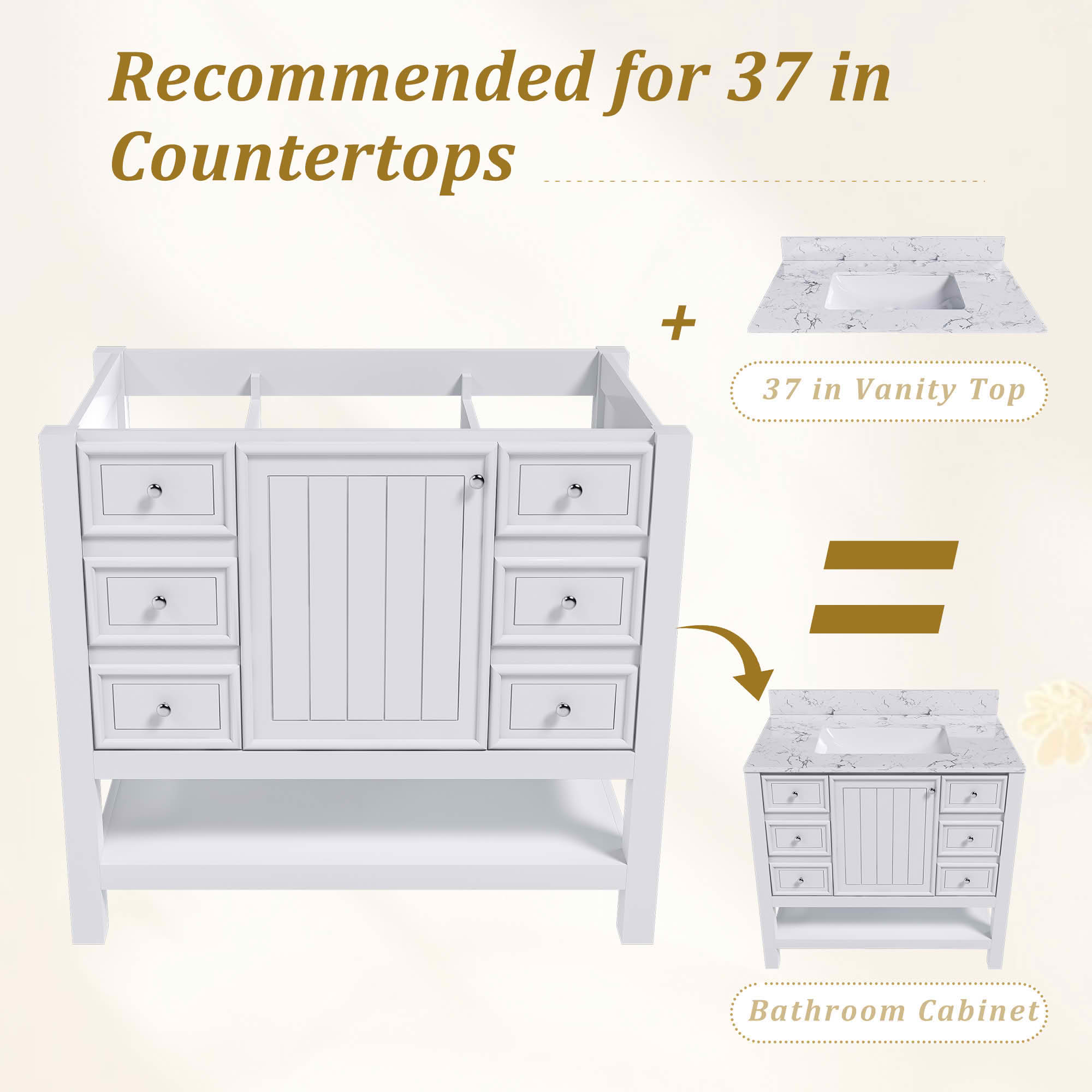 MAYEERTY 36" Bathroom Vanity without Sink 1 Cabinet 3 Drawers Solid Wood Frame MDF White