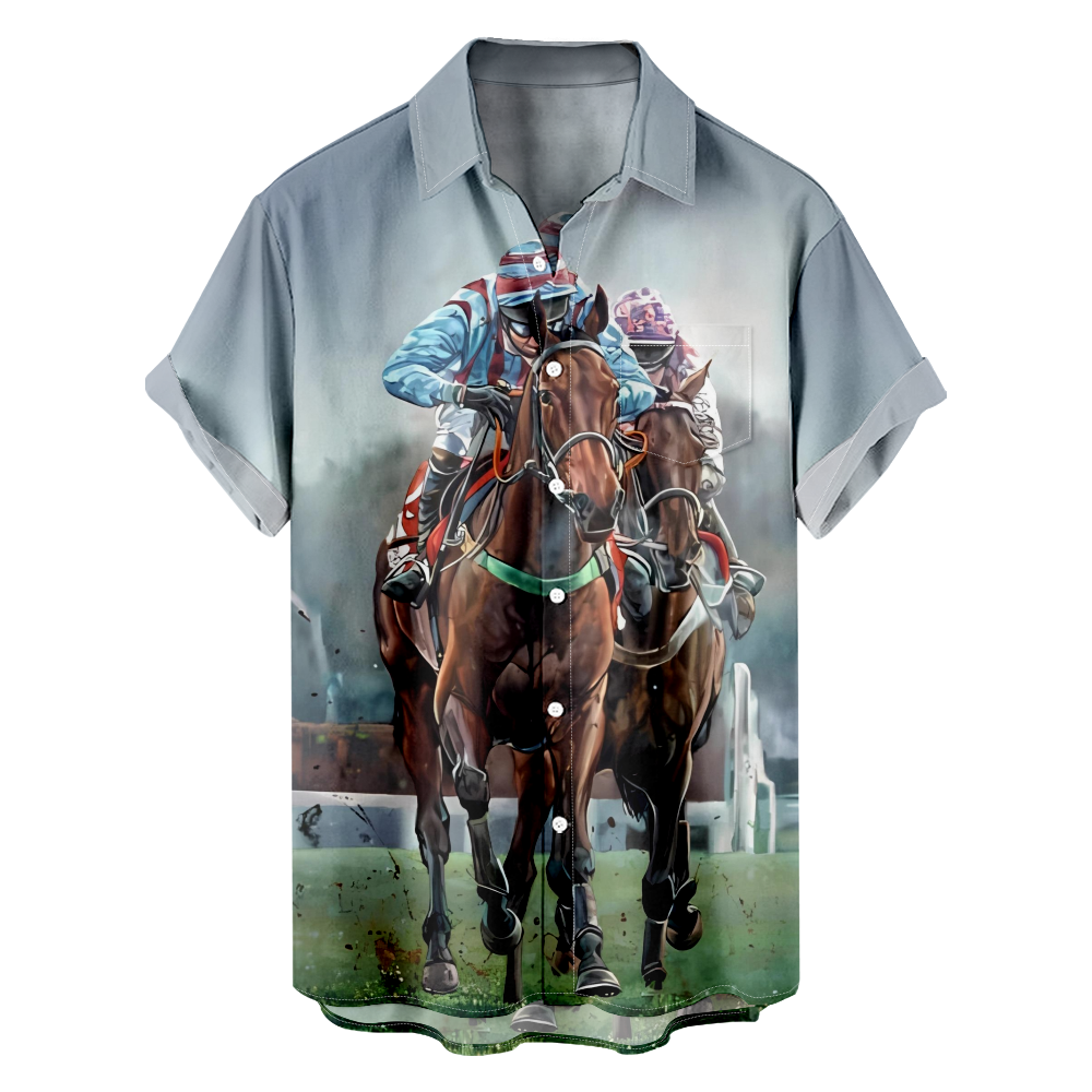 MLFU Love Horse Racing Men's Summer Short Sleeve Shirts with Pocket,3D