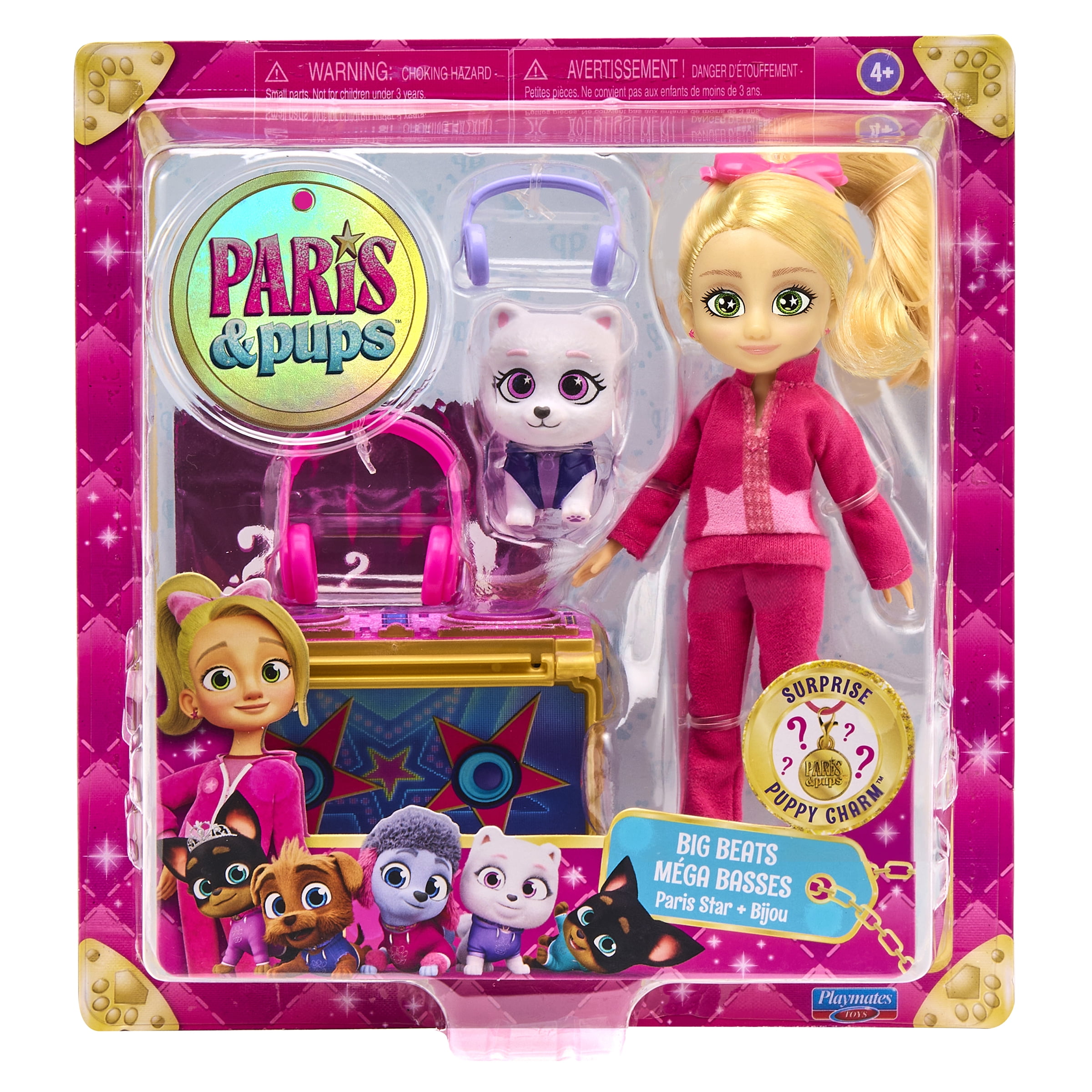 Paris & Pups Paris Star DJ Doll & Bijou Puppy Playset, 5-Inch Fashion Doll with DJ Accessories, Spinning DJ Deck, Collectible Charm & Trading Card, Kids Ages 4+ by Playmates Toys