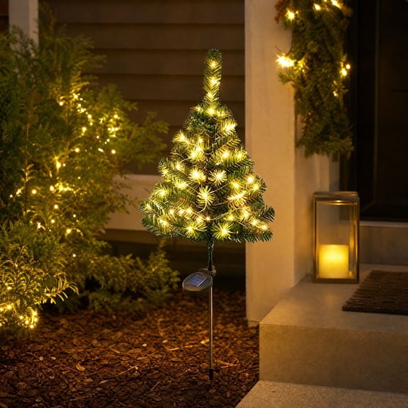 Solar Sparkly Christmas Tree Shaped Ground Stake Light for Outdoor, 29.53" Weatherproof Auto on Off Night Light with Warm Glowing Decor Patio Walkway Yard Flower Bed Holiday Party Display