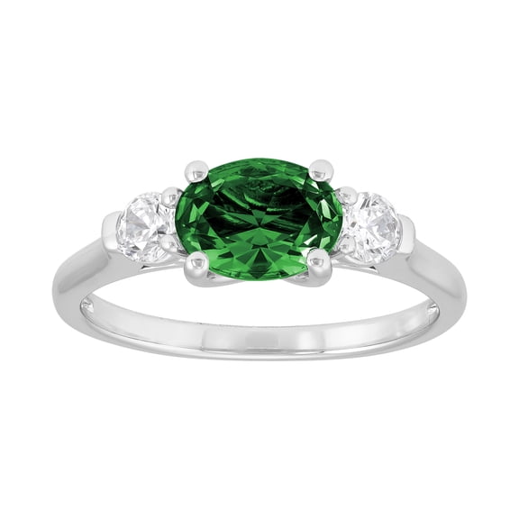 Brilliance Fine Jewelry Oval Simulated Emerald and White Cubic Zirconia Ring in Sterling Silver