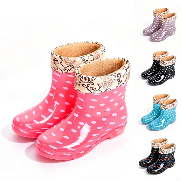 Mid-Calf Water Shoes for Women Round Toe Slip-on Waterproof PVC Lined Rain Boots for Outdoor Daily Walks