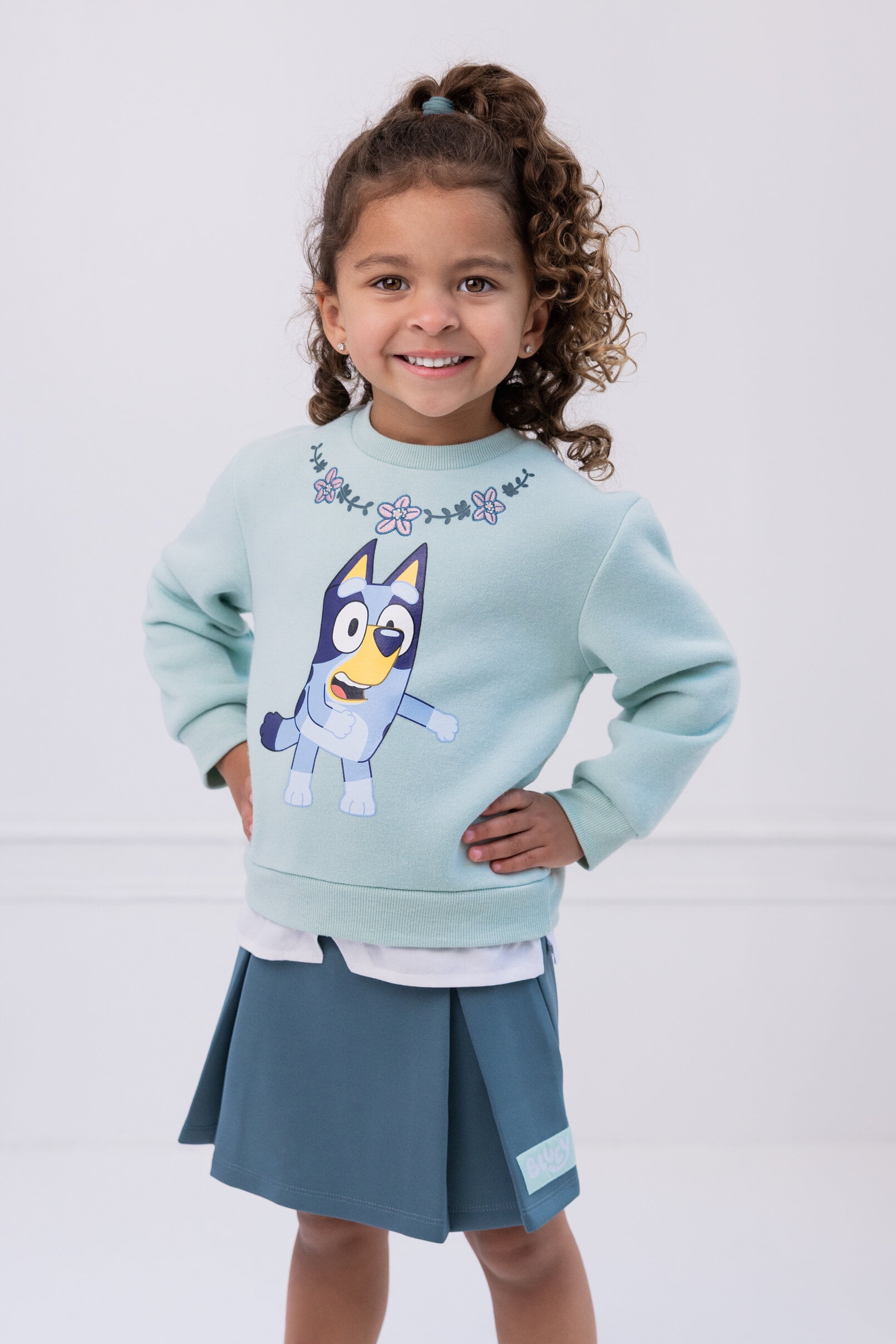 Bluey Fleece Drop Shoulder Pullover Sweatshirt and Scuba Pleated Skort Outfit Set Toddler to Big Kid