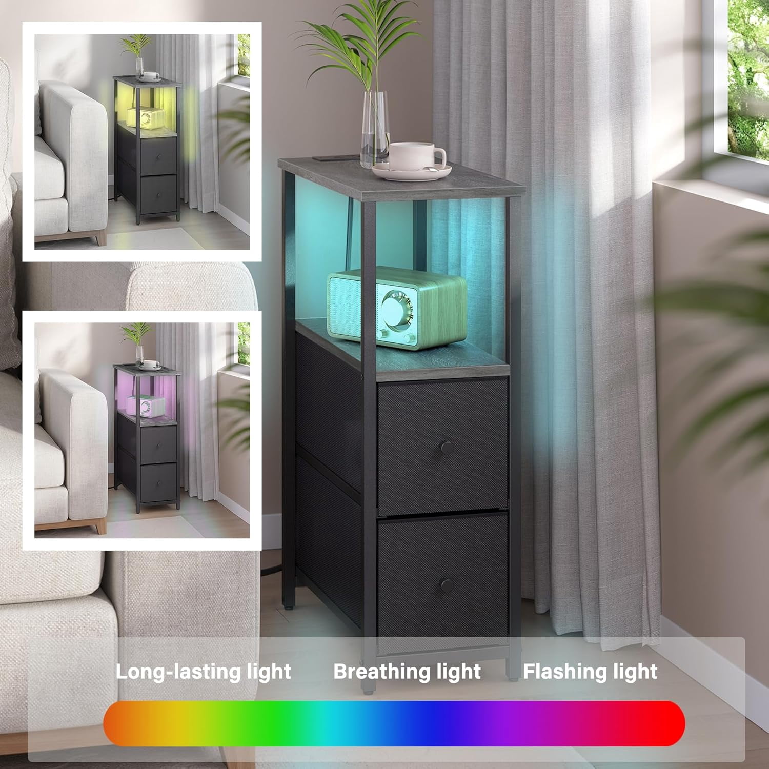 Small Narrow LED End Table with Charging Station, Side Table Outlets, Nightstand with 2 Cloth Drawers, Set of 2, Couch Table, for Living Room, Bedroom, Bedside, Charcoal Grey