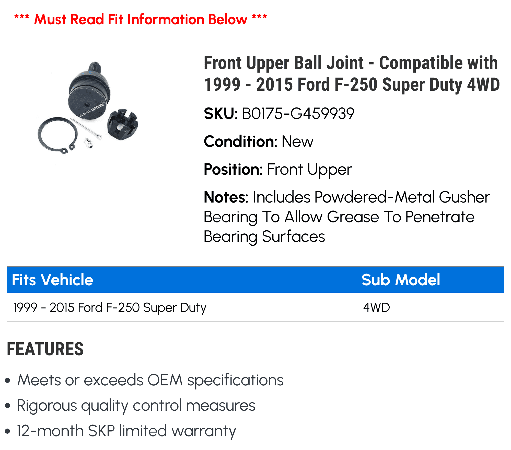Front Upper Ball Joint - Compatible with 1999 - 2015 Ford F-250 Super Duty 4WD 2000 2001 2002 2003 2004 2005 2006 2007 2008 2009 2010 2011 2012 2013 2014