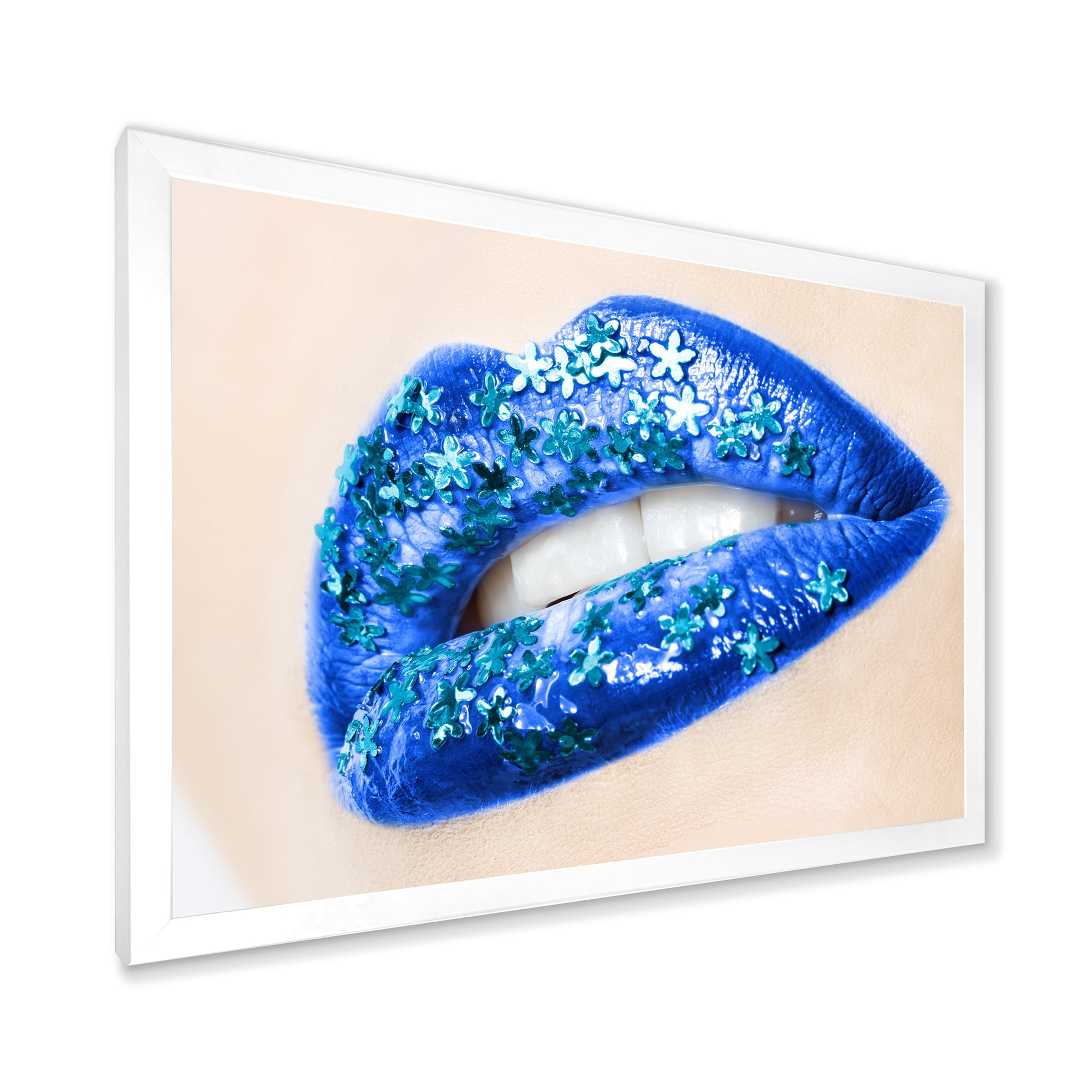Designart 'Beautiful Woman Lips Blue With Flowers' Modern Framed Art Print