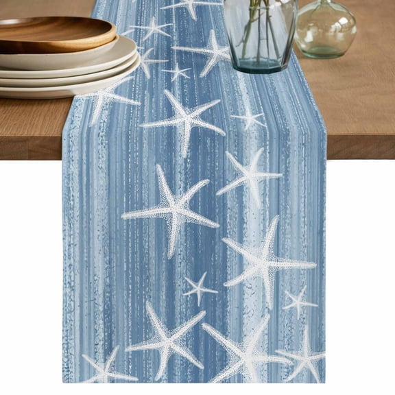 Blue Coastal Table Runner 70 Inches, Summer Ocean Waves Ombre Sea Starfish Bed Runner Dresser Scarves Tabletop for Indoor Outdoor Parties/Ceremony/Banquet, 13" x 70"