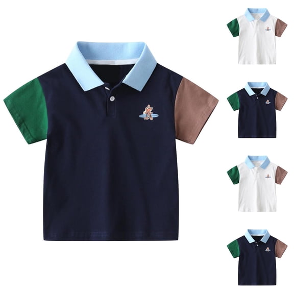 HAOTAGS Toddler Boys Blouses, Short Sleeve Collared Button-Up Summer Tee Shirts Navy 5 T