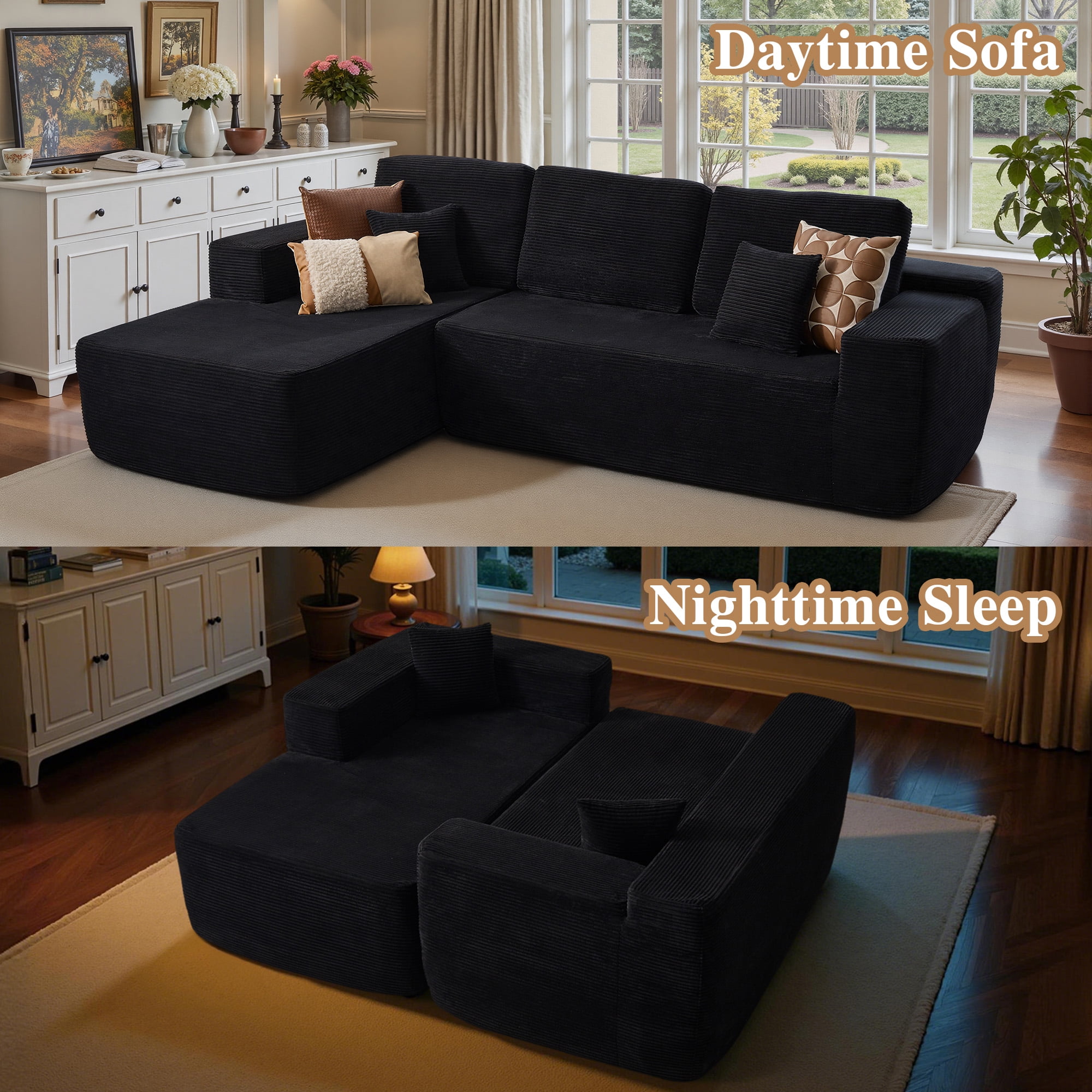 Ovios 106" Cloud Sofa Couch No Assembly Boneless Deep Seat Sofa for Living Room, Black (Corduroy)