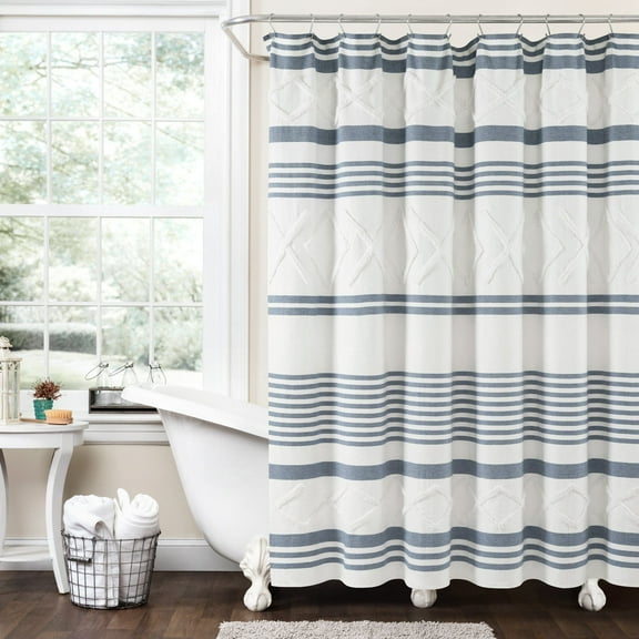 Urban Diamond Stripe Woven Tufted Eco-Friendly Recycled Cotton Shower Curtain Blue Single 72X72