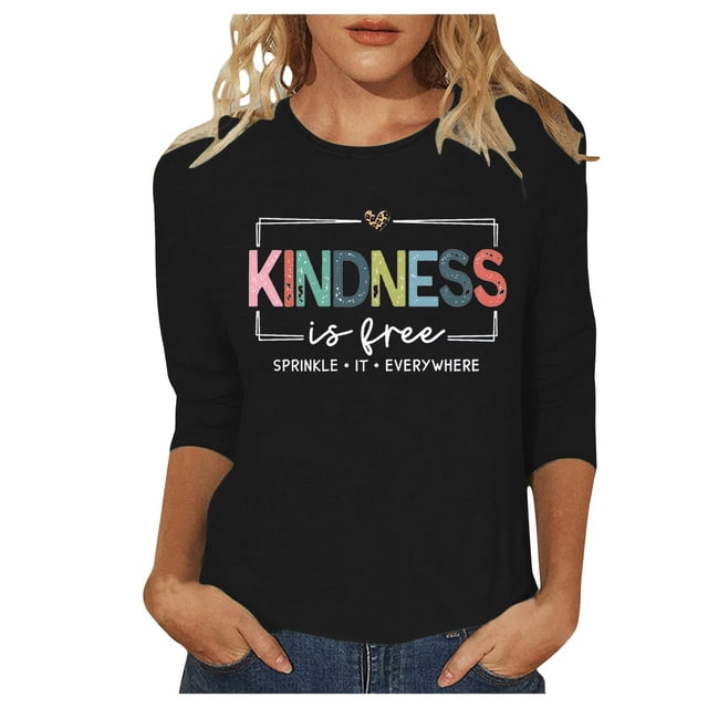 T-shirt Décontracté pour Femme à Col Rond avec Imprimé de Lettres, Manches 3/4