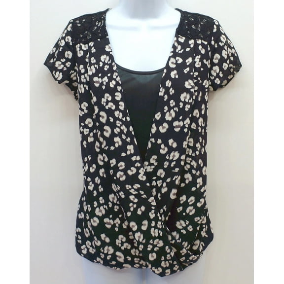 NY Collection Black Floral Faux Wrap Chiffon Layered-Look Top Blouse Small