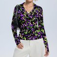 thumbnail image 4 of Mardi Gras Shirts for Women Carnival Feathers Print V Neck Blouse Sparkly Long Sleeve Holiday T Shirts Dark Green 2XL, 4 of 7