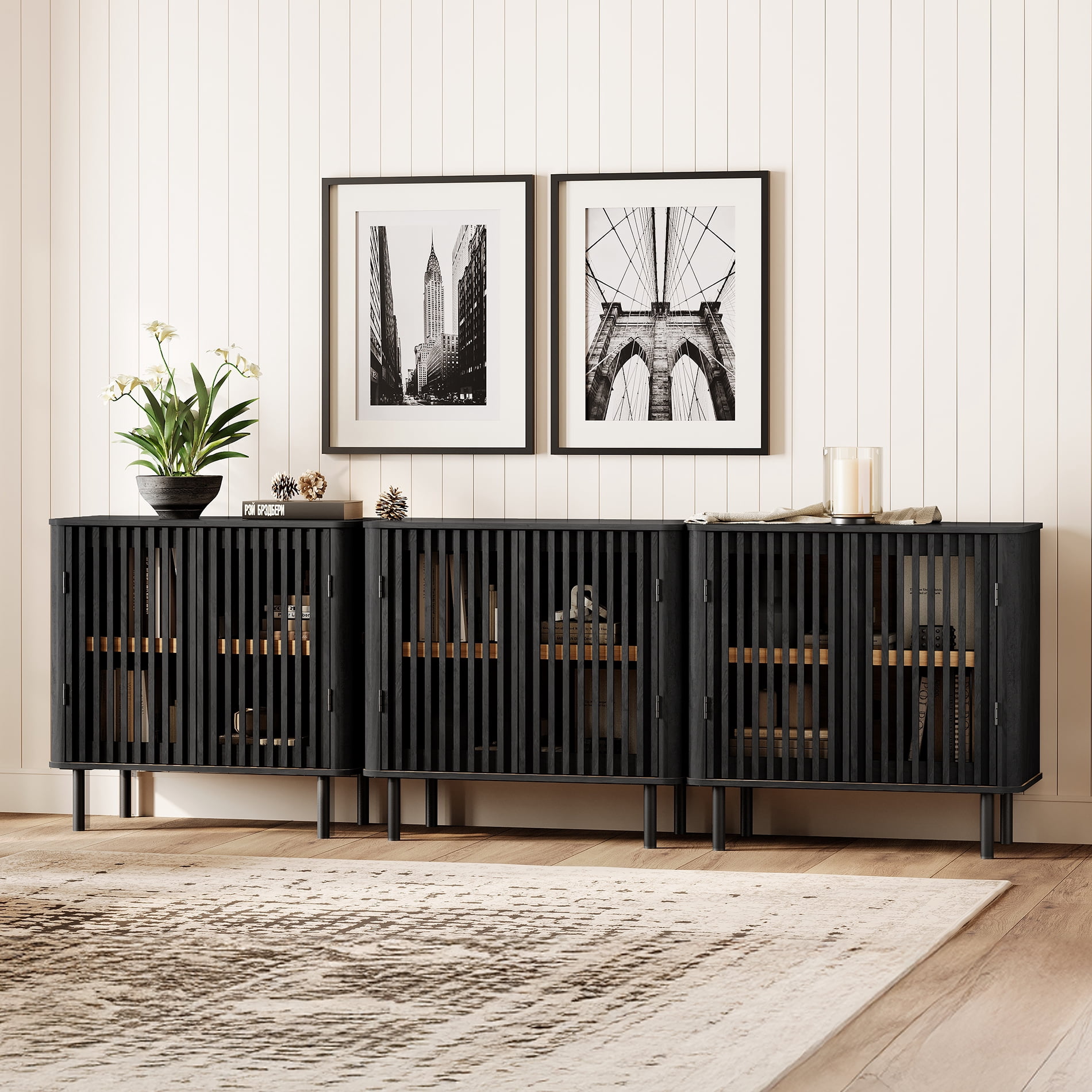 94.5" Mid Century Modern Sideboard Buffet Cabinet with Storage, Black