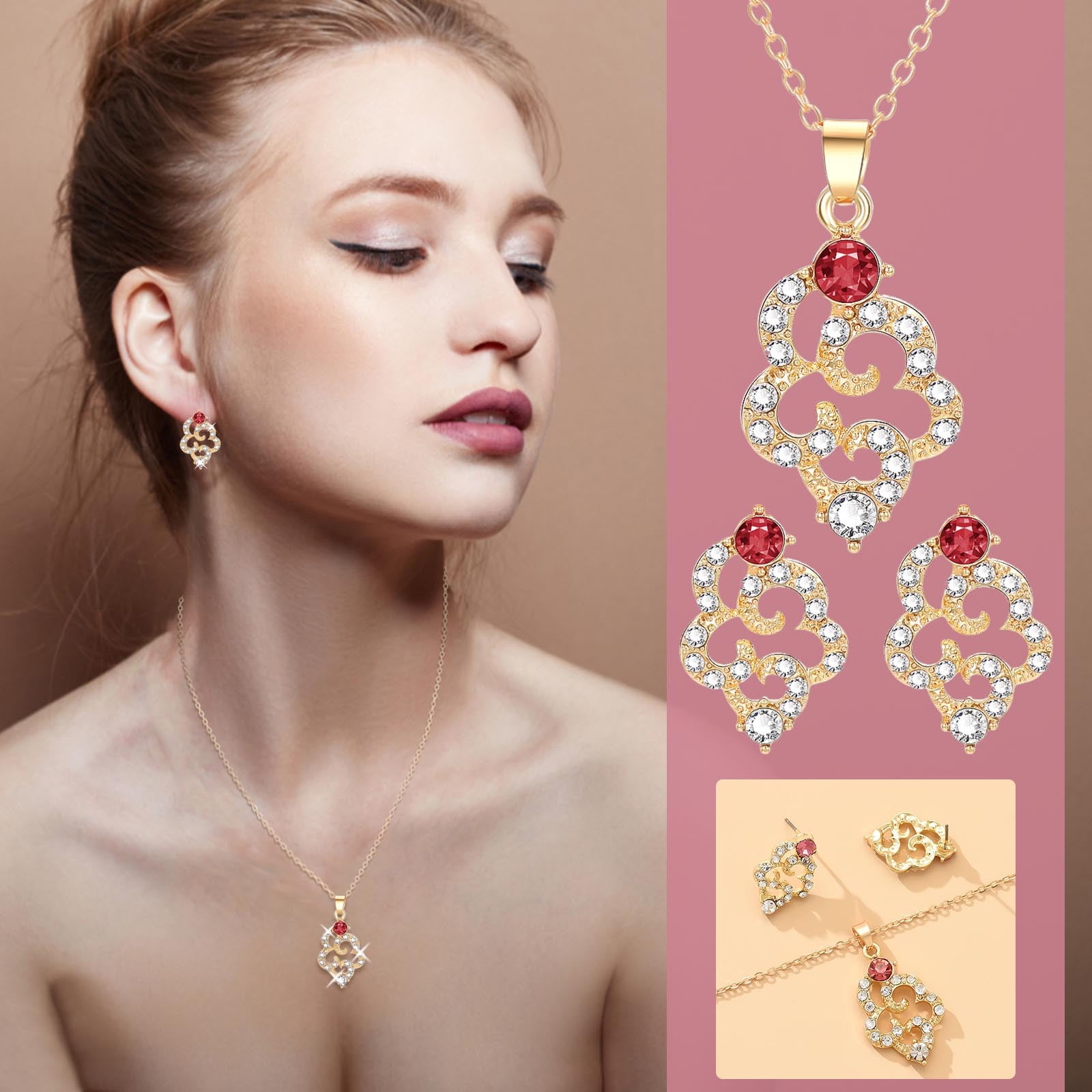 Qiaocaity Ladies Fashion Jewelry Diamond Necklace Earrings Set