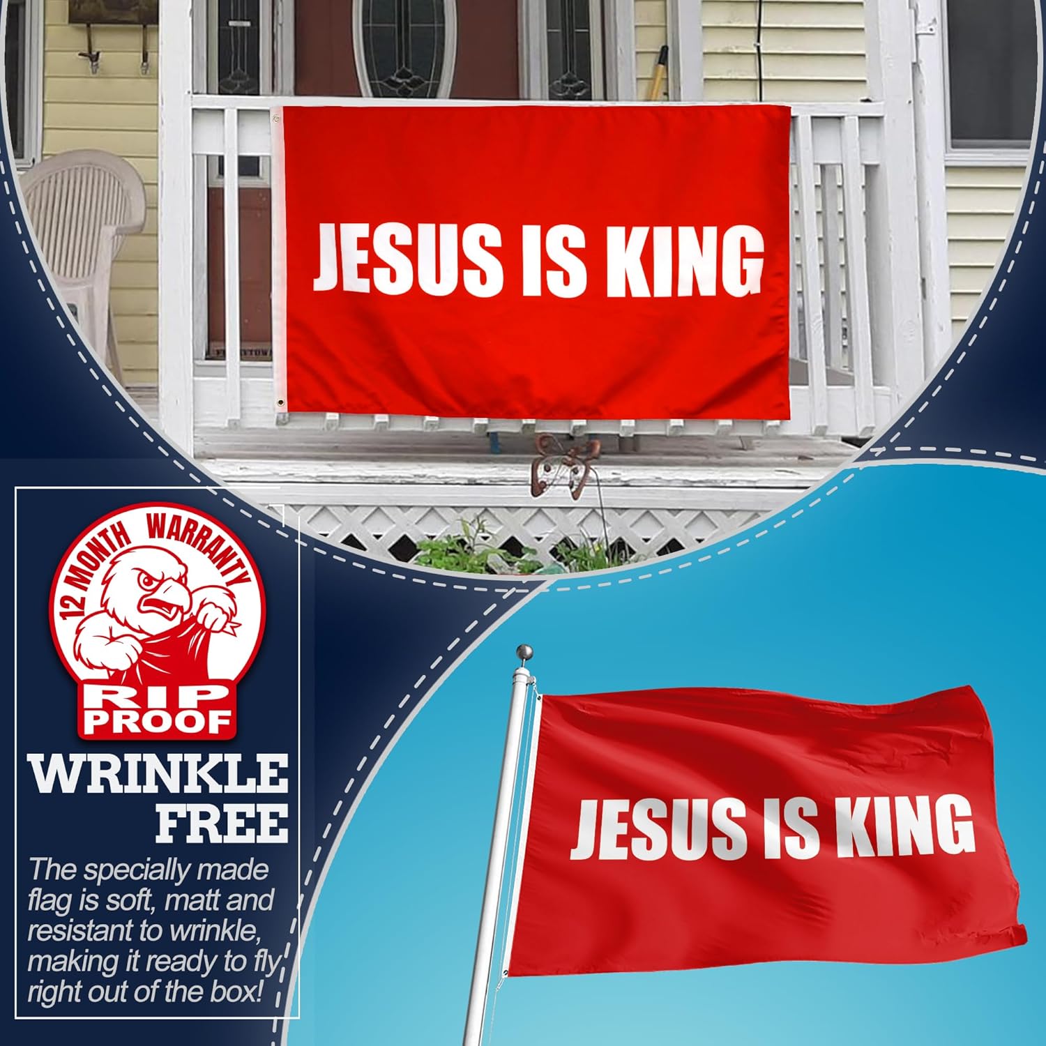 Anley Rip-Proof Double Sided 3-Ply Jesus is King Flag 3x5 Foot - Vivid Color, Canvas Header and Wrinkle Resistant - White Christian Flags
