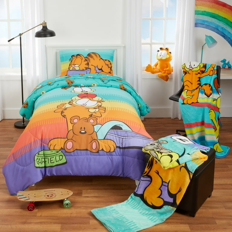 Garfield Kids Teal Blue Orange Print Fleece Bed Blanket, Twin/Full