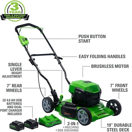 Greenworks - 24V 19” (2x24v) Brushless Push Lawn Mower with (2) 4.0 Ah USB Batteries and Dual-Port Rapid Charger - Green