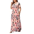 thumbnail image 4 of Women's 3/4 Sleeve Round Neck Gathered Waist Casual Stretched Rose Floral Maxi Dress with Hidden Side Pockets Pink S, 4 of 7